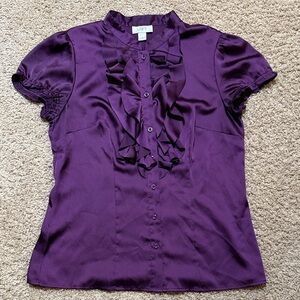 Ann Taylor LOFT Satin Plum Blouse with Ruffle Detail